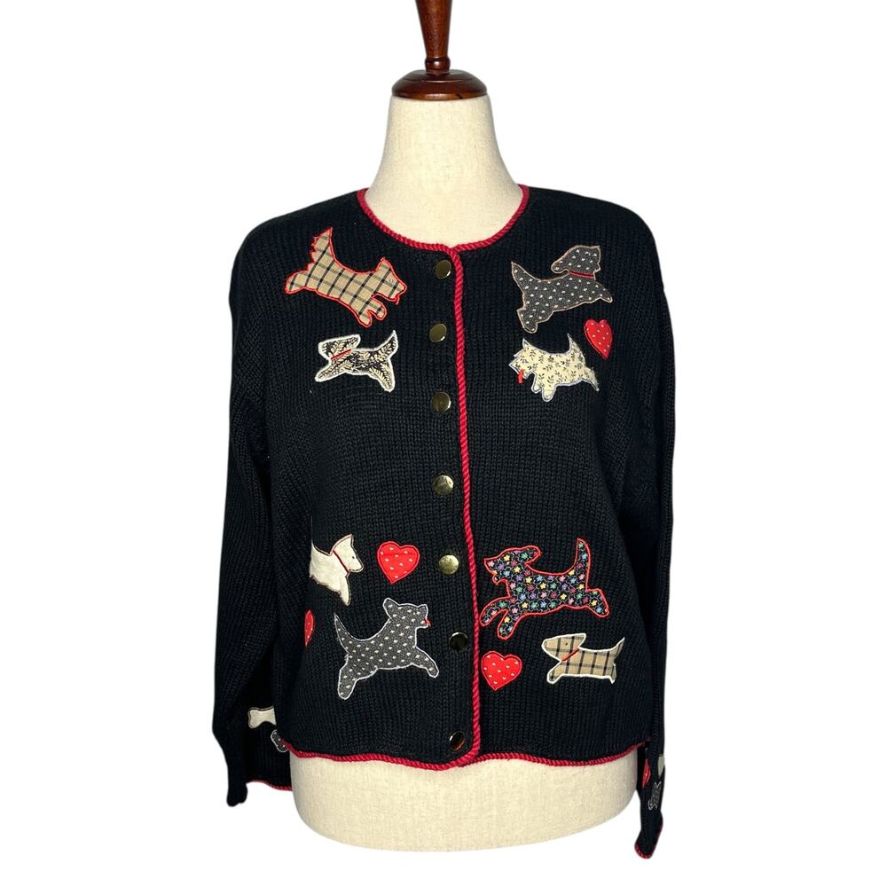 Vintage Orvis Cardigan Womens XL Black Heavyweight Cotton Dog Patches Grandma